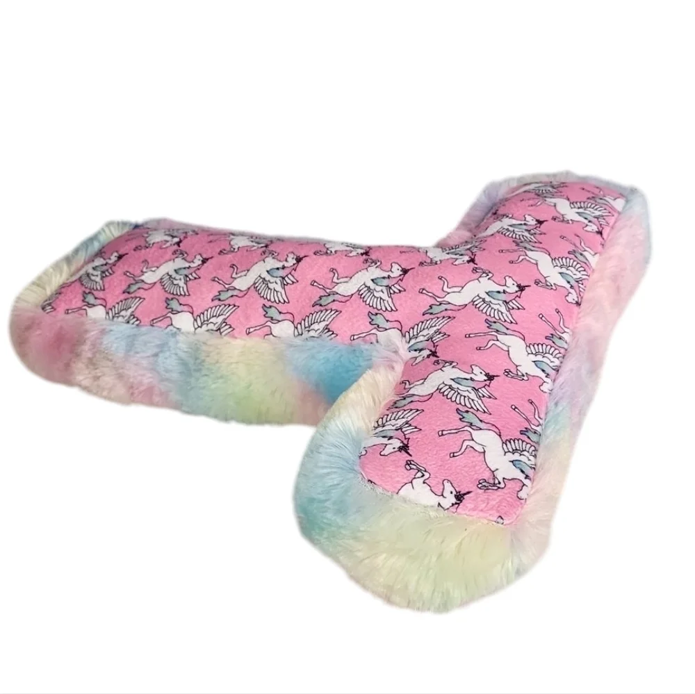 Justice Girls Tie Dye Faux Fur Unicorn Print Pillow Shape of Initial 14X 15